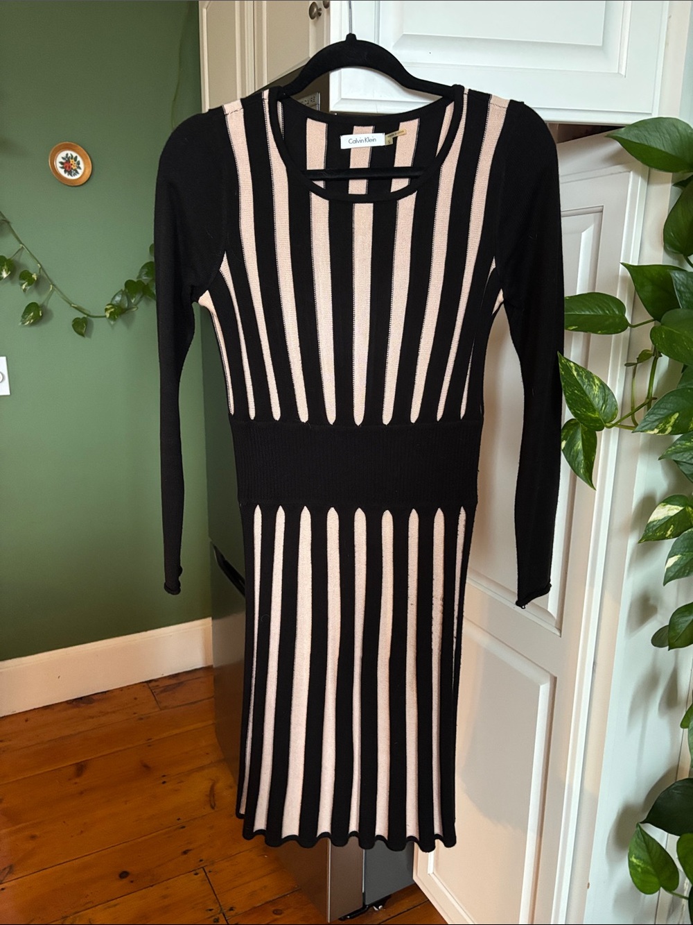 Calvin Klein Black and Blush Long-Sleeve Ribbed Knit Dress